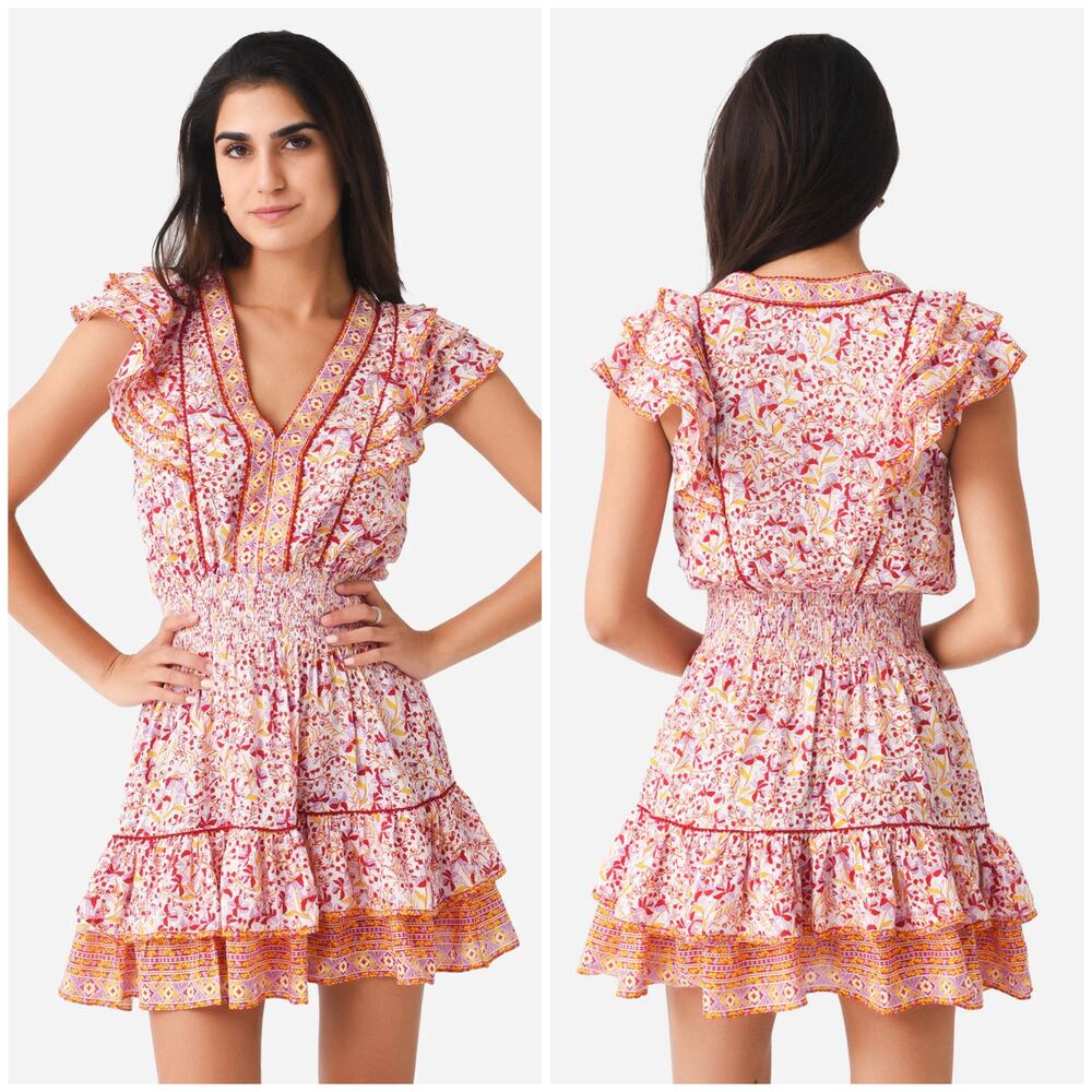 Poupette St Barth Camilla Mini Dress Red Purple Gold Floral